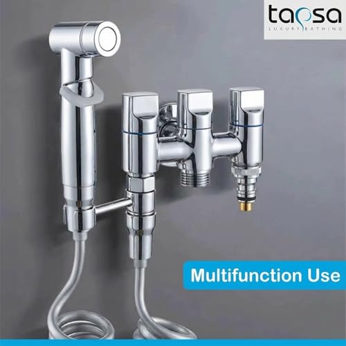 Image of Tapsa Three Way Angle Cock Silver|3 in 1 Angle Cock|Angle Valve (Pack of 1) for Bathroom /Wash Basin & Toilet Taps (for Health Faucet & Flush) with Wall Flange Angle Valve Faucet