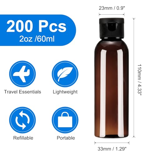 uxcell 2 Oz Plastic Bottles with Flip Caps, 200 Pcs Reusable Travel Size Containers with Lids Plastic Squeeze Refillable Dispensing Bottles for Shampoo, Body Soap, Toner(Brown Black)2