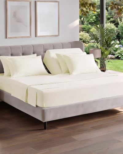 Image of Flex Top Split Head King 6 Piece Sheet Set - Soft & Cooling - Off White | Ultra Soft Hotel Luxury Bedding Set w / 8-16 Inch Deep Pockets, 1 Flat & 1 Split-Head Fitted Sheet & 4 Pillowcases, Fade Free