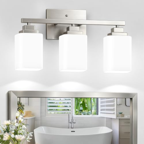 Image of Brushed Nickel Bathroom Light Fixtures, 3-Light Vanity Lights over mirror