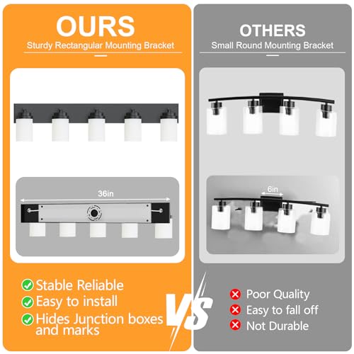 Image of IZORRO Bathroom Vanity Light Fixture, 5-Light 36 Inch Matte Black Bathroom Light Fixtures Over Mirror, with White Glass Shade, Modern Farmhouse Vanity Lights, Rustic Restroom Lighting Fixtures