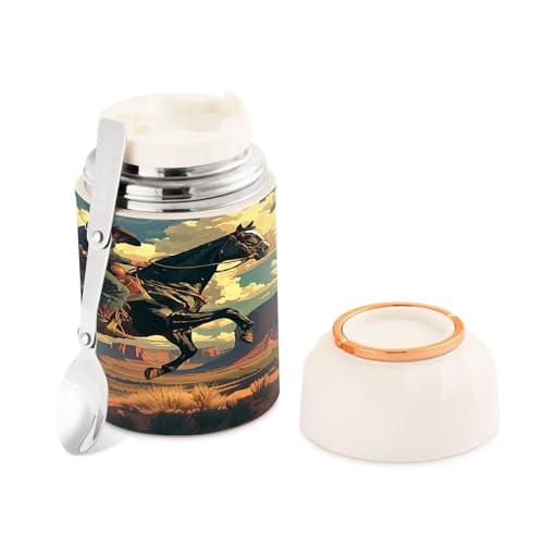 Ewusp Cow Western - Termo de comida para adultos, 500 ml, acero inoxidable, doble pared, aislado al vacío, con cuchara plegable, sin BPA, recipiente de sopa a prueba de fugas