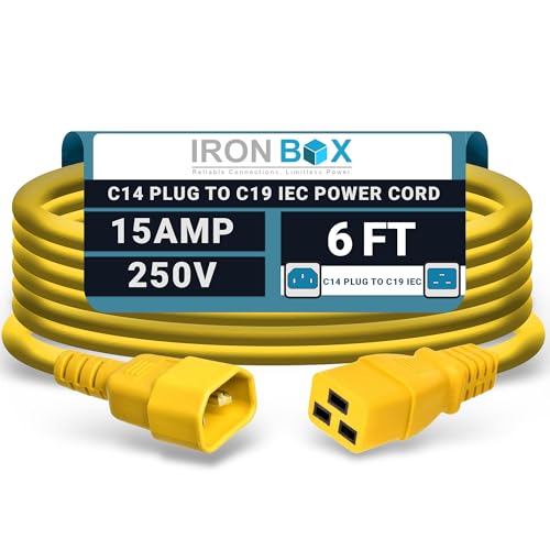 Image of IronBox Electric - Heavy-Duty C14 to C19 Power Cord, 15A, 250V, 14 /3 SJT - IEC60320 PC Cable for Computer Extensions, Monitor, PSU - C14 Male to C19 Female Connector Power Cable - (Yellow 6 Foot)