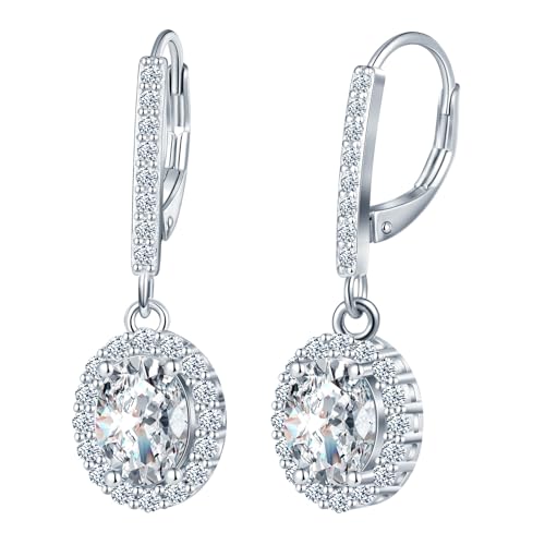 CONILOK Pendientes Colgantes de Circonita de Plata de Ley 925- Pendientes Halo Elipse Brillante con Gema Blanca para Mujer, Cierre de Palanca, Joyería Hipoalergénica Regalo para Novia Esposa Madre
