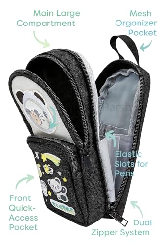Image of Parshya Cute Pencil Pouch for Kids | Large Capacity Pencil Case for School & Tuition | Multi-Compartment Stationery Organizer with Mesh Pocket & Smooth Zippers | Black