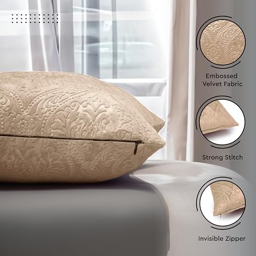 Image of Encasa XO Velvet Cushion Covers, No Inserts, Set of 2, Beige | 24 inchx24 inch | Machine Washable | Soft & Durable | Hidden Zipper, Sofa Decor