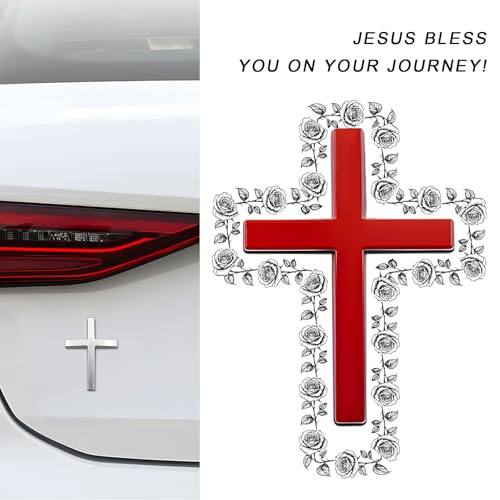 Image of 2PCS Metal Christian Cross Emblem Stickers, 2.5x1.8in 3D Jesus Christ Auto Emblem Badge Decal, Self-Adhesive Styling Cross Decal Decoration for Trunk Tailgate Side Fender (Silver+Red)