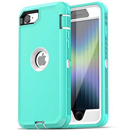 Image of AICase for iPhone SE Case 3rd & 2nd Generation, for iPhone SE 2022 /2020 Built-in Screen Protector Heavy Duty Protective Shockproof 3-Layer Full Body Rugged Phone Cover, Aqua Mint /White