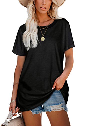Black Shirts For Women Short Sleeve Crew Neck Loose Fit Tops 3Xl #TOP1