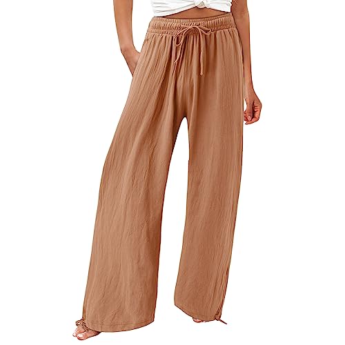 Linen Pants for Women Summer High Waisted Wide Leg Pants Casual Elastic Waist Palazzo Pants Beach Pants with Pockets