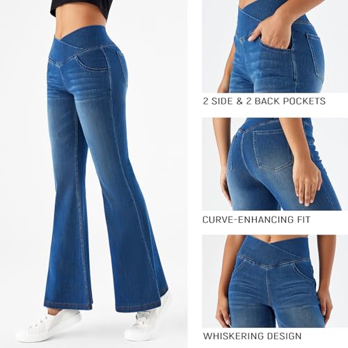Women’s Stretchy Flare Jeggings - High Rise Crossover Waist, Pull On No Zipper Jeans with Pockets4