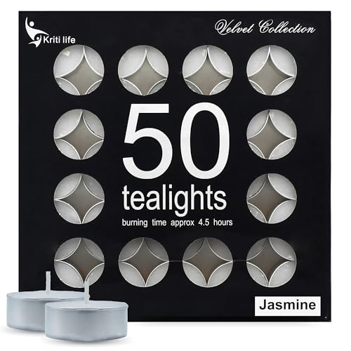 Image of Kriti Life Jasmine Scented Tealight Candles 100% Paraffin Wax 4.5 Hours | Smokeless Dripless White Candles for Home Meditation - Set of 50