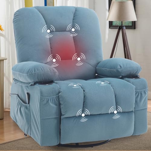 Recliner Chair for Adults, Rocker Recliners with Massage and Heat, Fabric Overstuffed Swivel Glider with Cup Holder Side Pocket, Manual Reclining Sofa Chair for Living Room,Blue