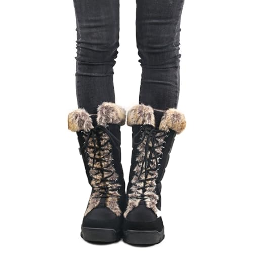 Image of AUSLAND Women's Black Winter Snow Boots Twin Peaks Fur Cuff Mid-Calf Waterproof Lace Up Boots