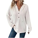 Waffle Knit Tops for Women Long Sleeve Women's Oversized Pullover Hoodie Fall Hoodies Fashion 2025 Trendy, with Hood V Neck Loose Fit Hooded Sweatshirts Outfits White XL