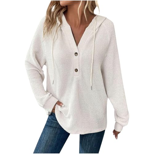 Waffle Knit Tops for Women Long Sleeve Women's Oversized Pullover Hoodie Fall Hoodies Fashion 2025 Trendy, with Hood V Neck Loose Fit Hooded Sweatshirts Outfits White XL