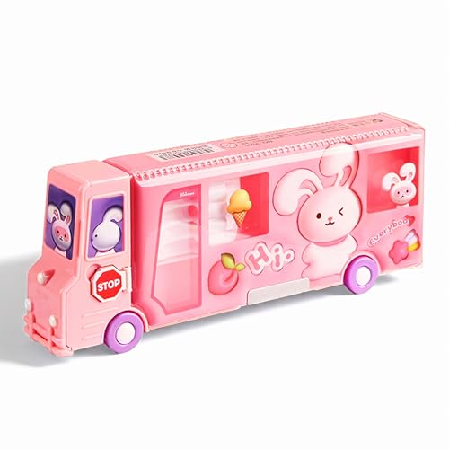 School Bus Pencil Case, Cartoon Pen Box with Sharpener, Large Capacity Stationery Organizer, Best Birthday Gifts for Kids Teens School Supplies(Pink)