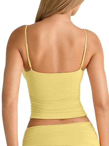 Image of PINKMSTYLE Women's Sexy V Neck Ruched Cami Top Sleeveless Spaghetti Double Layer Fitted Crop Tank Tops