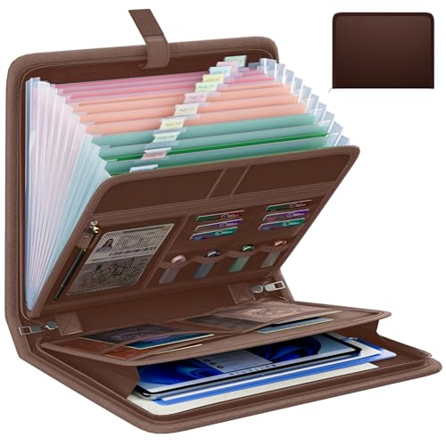 Image of Fireproof Accordion File Organizer, Portable Expanding File Folder with Waterproof Zipper&Labels, Brown Document Organizer with 13 Pockets, File Organizer for Important Document/Paper Storage