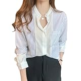 [Tamglean Quion] シャツ ブラウス レディース - ストライプ 長袖 立ち襟 ボタン付き 形態安定 薄手 通気性 トップス ゆったり オフィス カジュアル ファッション ビジネス 通勤 春 秋 日常
