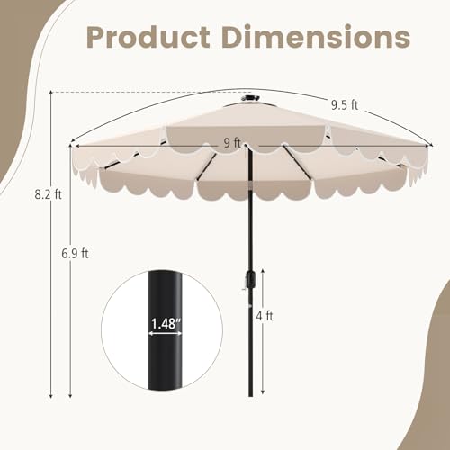 Tangkula 9 FT Solar Patio Umbrella, 2-Tiers Scalloped Outdoor Table Market Umbrella with 32 LED Lights, Vented Top, Tilt Adjustment, Crank, 8 Ribs for Backyard Poolside Deck Beach Lawn (Beige) - Thumbnail 4