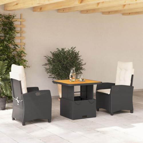 Runheo 3-TLG. Garten-Essgruppe Schwarz aus wetterfestem Poly Rattan, verstellbare Relaxsessel, höhenverstellbarer Tisch, Bequeme Kissen, für Terrasse, Balkon