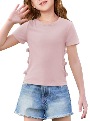 Image of Haloumoning Girls Short Sleeve Shirts Kids Summer Casual Side Bow Knit Tops Tees 5-14 Years
