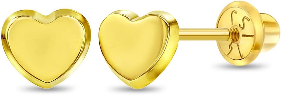 In Season Jewelry 14k Yellow Gold Classic Heart Stud Kids Earrings - Screw Back Earrings for Girls with Safety Lock Design - Safe & Comfortable for Toddlers, Kids & Little Girls