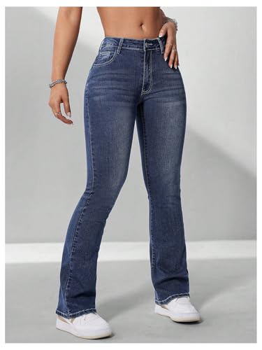 Women's Flare Leg Drop Waist Jeans Casual Skinny Denim Pants Bell Bottoms with Pockets4