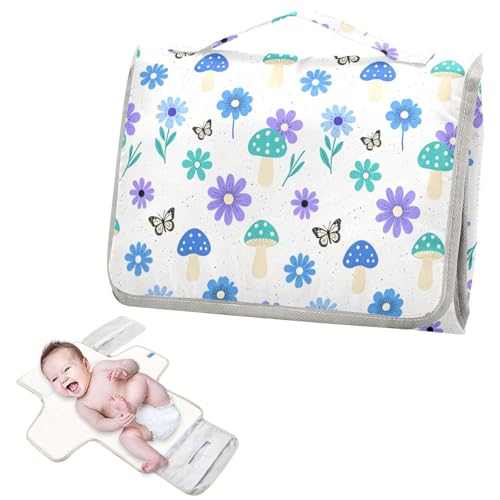 Cambiador reutilizable para bebé con bolsillo de pañuelos, flores azules, mariposas y hongos, cambiador de pañales, cambiador ligero y plegable, cambiador de pañales para bebés