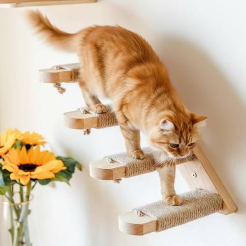 iimono117 壁掛け 猫用階段 キャットステップ 麻紐滑り止め付き 取り付け簡単 猫の遊び場 壁掛け階段 4段 ステップ 壁付け DIY 木製 爪とぎ 麻縄 ウォールジャングル (3個セット)