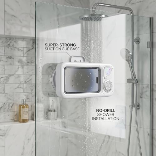 Soporte para teléfono de ducha con altavoz blanco impermeable y ventosa Goutdori 4