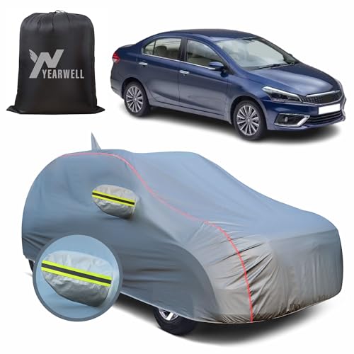 Image of Car Body Cover for Maruti Ciaz, 100% Waterproof, Heat-Resistant with Mirror & Antenna Pockets, Soft Cotton Lining, Triple Stitched, Green Reflector (Metallic Grey)