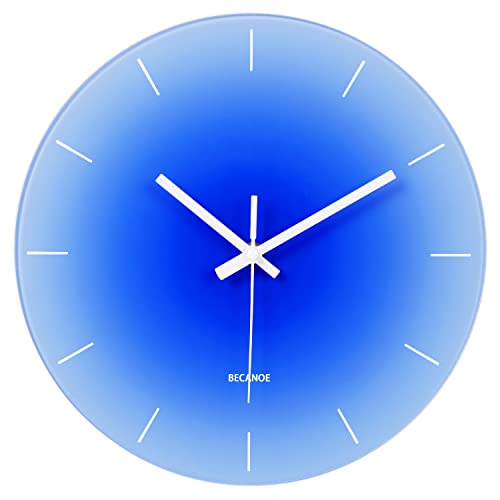 BECANOE Relojes de pared de vidrio templado que no hace tictac, reloj decorativo de cuarzo silencioso de 12 pulgadas, reloj decorativo para el hogar/cocina/oficina/escuela fácil de leer (azul) Cover