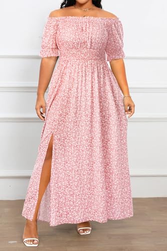 Image of Holipick Women's Off The Shoulder Boho Dress Plus Size Floral Smocked Waist Split Summer Maxi Sundress with Pockets