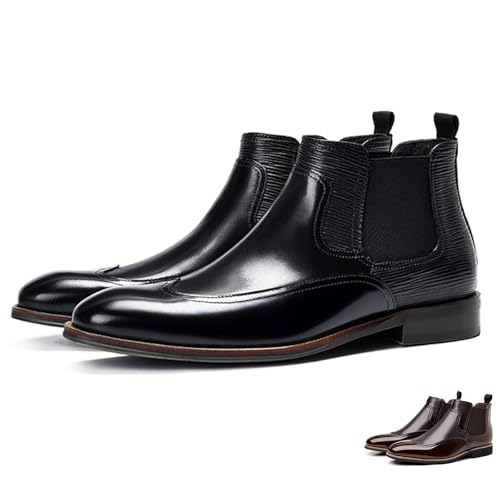 Men's Patent Leather Chelsea Dress Boots Fashion Leather Splicing Elastic Band Pointed-Toe Slip On Ankle Boots Casual Business Formal Oxford Booties