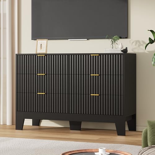 Image of Garvee 6 Drawer Dresser for Bedroom, 47 inch Wide Fluted Chest of Drawers with Metal Handle, Modern Wooden Dresser TV Stand, Clothes Storage Organizer Wood Closet for Hallway, Entryway, Black