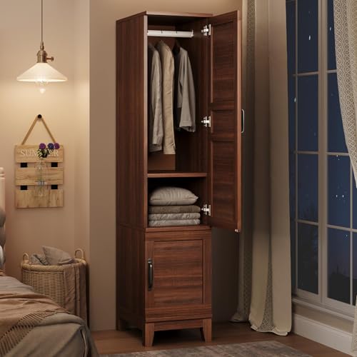 FinerFurnis 72' Wooden Armoire Wardrobe Closet – 2 Doors, Hanging Rod, 18 Adjustable Shelves, Narrow Bedroom Storage Organizer – Walnut Finish,Brown