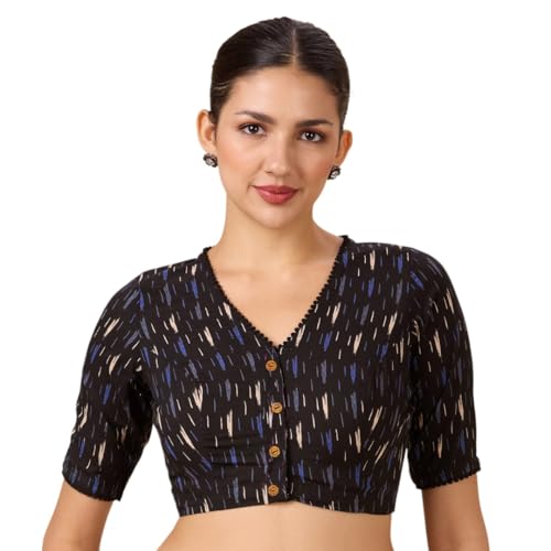 Image of Studio Shringaar Women's Cotton Ikat Printed Elbow Length Sleeves Saree Blouse