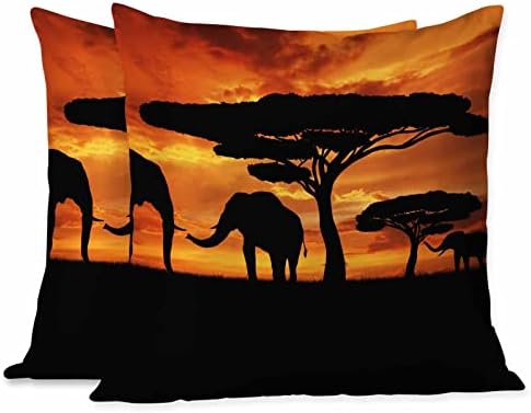 Beabes Throw Pillows Covers Black Silhouette Elephants African Wild Animal Herd in The Sunset Home Decorative,Cushion Cover for Bedroom Sofa Living Room 18X18 Inches Pack of 2