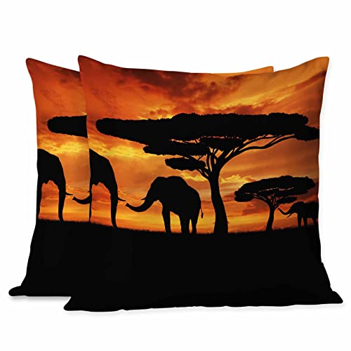 Beabes Throw Pillows Covers Black Silhouette Elephants African Wild Animal Herd In The Sunset Home Decorative,Cushion Cover For Bedroom Sofa Living Room 18X18 Inches Pack Of 2 #TOP1