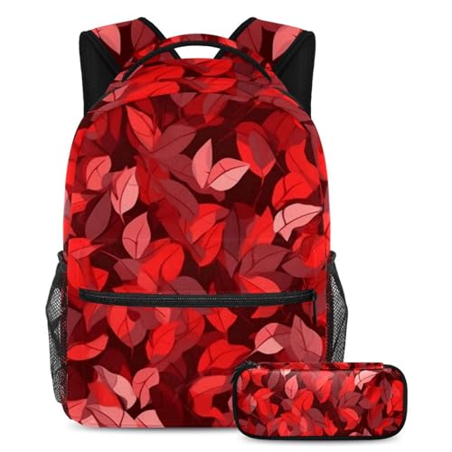 Cartable enfant grande capacité avec trousse à crayons feuilles rouges