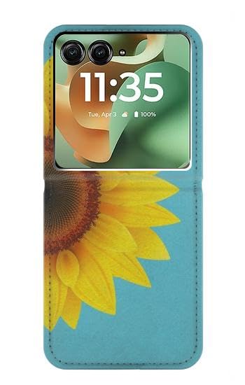 Housse cuir Motorola Razr 60+ vintage bleu et ornement tournesol premium