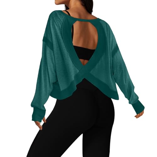 Image of UNIANKIYA Open Back Workout Tops for Women Long Sleeve Cropped Athletic Clothes Gym Running Yoga Low Impact Sports T Shirts