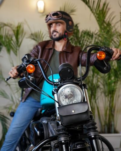 Image of Trip Machine Company Genuine Leather Motorcycle Front Handlebar Leather Bag | Moto Backrail Sidekick Pouch | Shoulder Bag | Fanny Pack (Black)