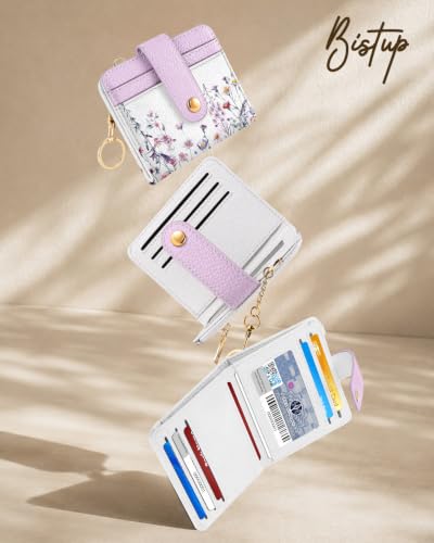 Image of Bistup Small Card Wallet for Women with Keychain, Purple Floral | durable material, clear ID window,, compact design for daily carry, sturdy keychain, aesthetic