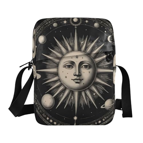 Crossbody Sling Bag for Women Men, Zipper Closure Messenger Bags Vintage Celestial Print with Card Phone Passport Compartment 6.6×9.4×2.5 IN