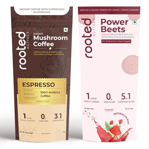 Image of Rooted Actives Sample Pack, Mushroom Coffee with Lion's Mane and Chaga, Power Beets with L-Arginine and Resveratrol, Instant Superfood Blend