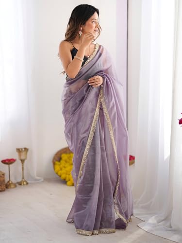 Image of AKHILAM Women's Shimmer Net Solid Saree With Unstitched Blouse Piece