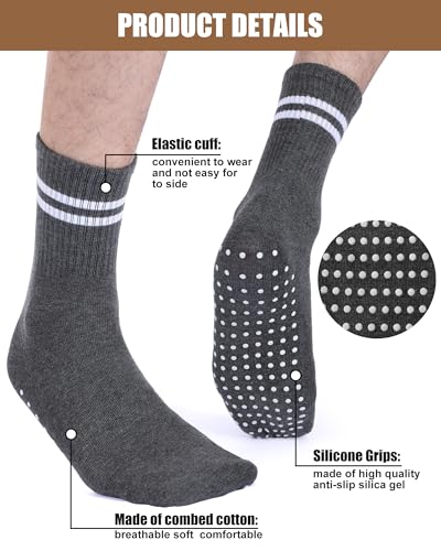 Sintege 6 Pairs Non Slip Grip Crew Socks for Men Athletic Striped Non Skid Gripper Socks for Elderly Hospital Home Yoga Pilates 7-124